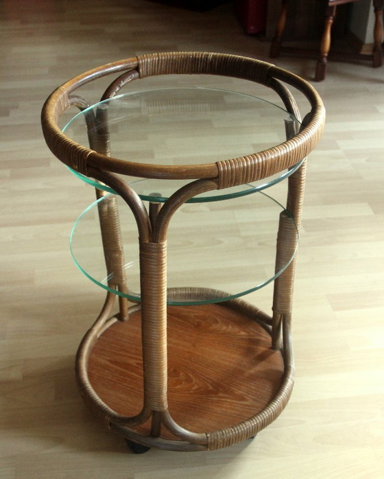 Carrello bar rotondo in bambù/rattan/legno - 3 ripiani – Oggetti decorativi, Glass, Bamboo, Vintage (photo 7 of 11)