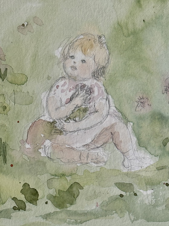 Image 1 of Marie Louise Ogier - Magnifico acquerello "due bambini che raccolgono fiori" circa 1980