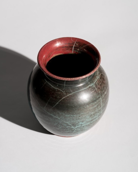 Image 1 of Pair of Richard Uhlemeyer Studio Stoneware Vases – Turquoise Reduction Glaze – Germany, ca. 1940s-1950s Art Deco Bauhaus