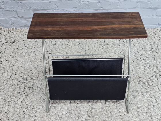 Image 1 of    	 Minimalistic Mid-Century Teak Magazine Table with Metal Frame and Leatherette Sling, 1960s
