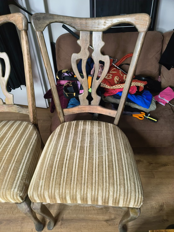 Image 1 of Art Deco wooden chairs with green velvet upholstery, 2x