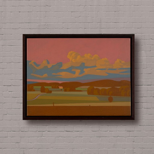 "Zomeravond", uniek schilderij, handgeschilderd stuk, 43 x 33 cm, met echte houten lijst