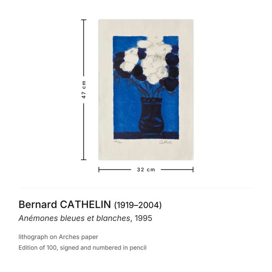 Image 1 of Bernard CATHELIN Anemoni blu e bianchi Litografia firmata 1995