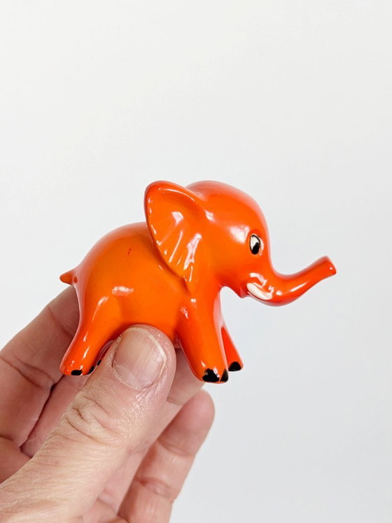 Image 1 of Goebel West Germany Elephant Pair Tangerine Orange Porcelain 1970s MCM Figurines