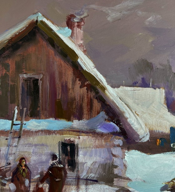 Image 1 of Original Oil Painting Night Houses Landscape Busy winter street of the village
