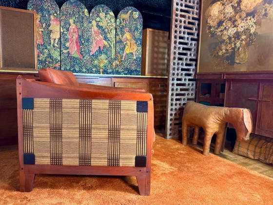 Image 1 of Schuitema Shaker comfortable club armchair in cognac aniline leather with graphic textile panels all around