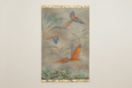 Contemporary painted canvas depicting parrots in a tropical forest.