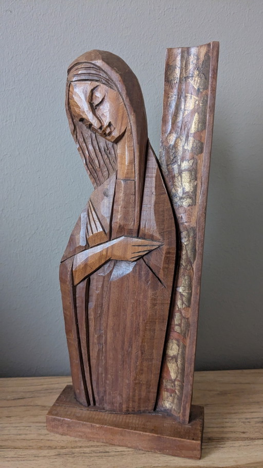 Handgeschnitzte Holzmadonne im Art-Deco-Stil