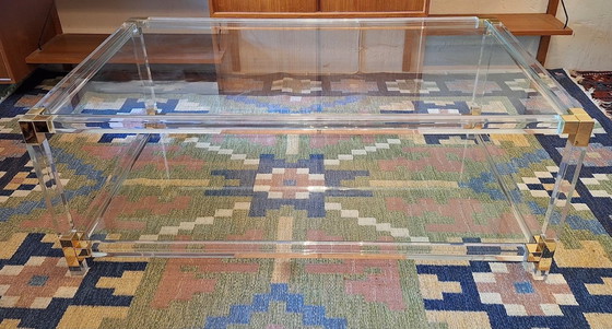 Image 1 of Large Italian 2-Level Coffee Table in Lucite, Glass and Gilt Brass, 1970-80
