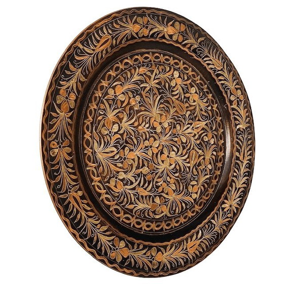 Image 1 of Piatto decorativo turco vintage inciso in rame con fiore di Istanbul, orientale, anni '70