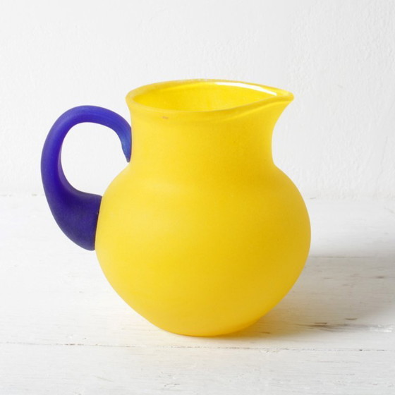 Image 1 of Small Vintage Frosted Glass Yellow and Blue Pitcher for Milk or Juice / Kosta Boda / Sweden / 1990s
