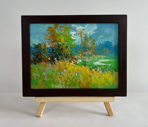 Original Oil Painting Summer Field Landscape Walking among flower fields