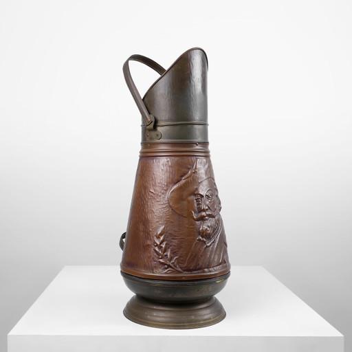 Copper Umbrella Stand With Hammered Relief Of Vermeer, France Ca. 1900