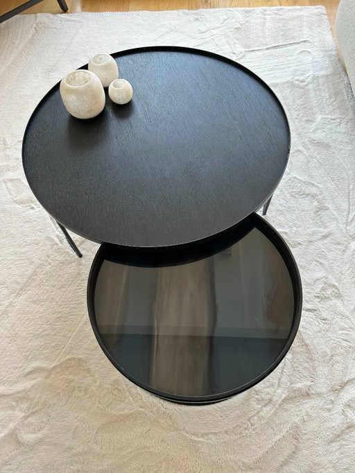 Ethnicraft Round Tray Table Set Low XL with additional tray
