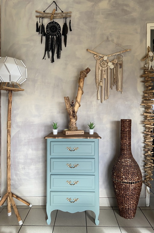 Louis XV style chest of drawers, restyled in blue-green and wood - gold handles - Bohemian chic