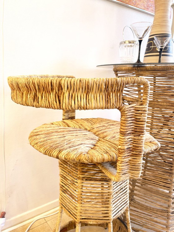 Bancone da giardino in rattan e vetro con due sgabelli - anni '70 – Set da salotto, Wicker (photo 4 of 12)