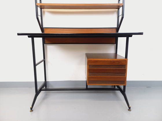 Image 1 of Italian modernist desk with built-in modular string bookcase in teak, metal and melamine from the 60s