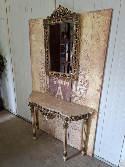 Antique Baroque wall console, side table. Hall table with mirror, dimensions: 105x32m and 73cm high.