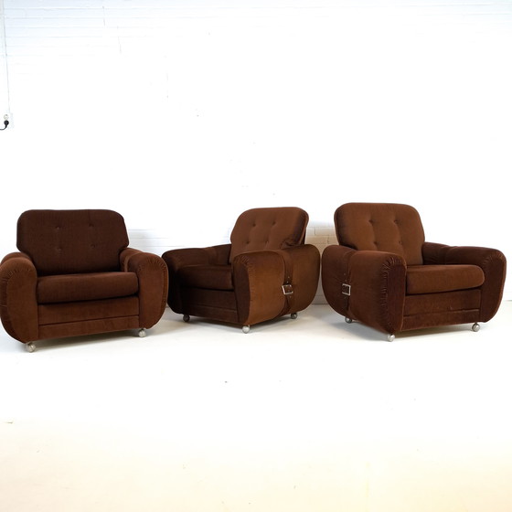 Image 1 of 3 fauteuils vintage en velours côtelé marron foncé, années 70