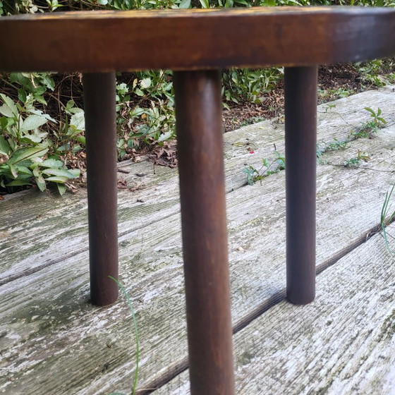 Vintage tripod stool, plant stand, sunflower patterns, Tabouret tripode, Wood, Yellow (photo 4 of 5)