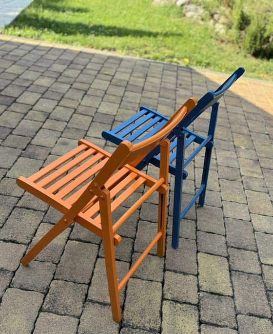 Set of Vintage Painted Blue and Orange Chairs – Dining chairs (photo 5 of 7)