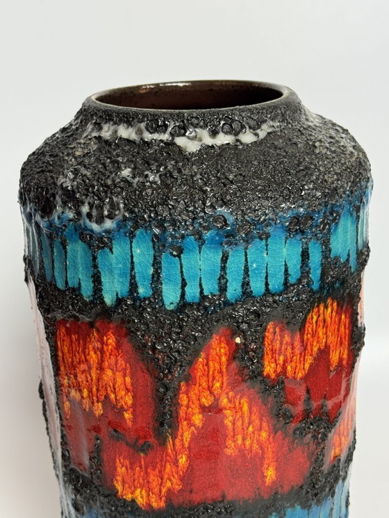 Image 1 of Large Ceramic Black Fat Lava Vase with Brilliant Azur Blue and Orange Enamel Accents, West Germany 1970s.