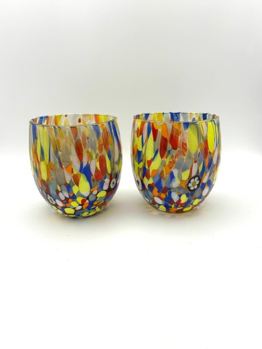 Set di 6 bicchieri in vetro soffiato veneziano con murrine Effetre Murano fuse nel vetro, hand made in italy