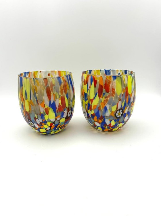Image 1 of Set di 6 bicchieri in vetro soffiato veneziano con murrine Effetre Murano fuse nel vetro, hand made in italy