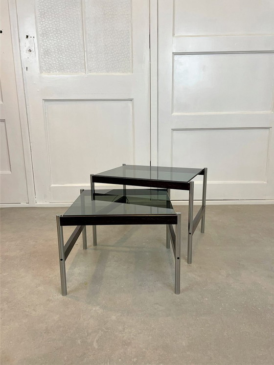 Image 1 of Ensemble de tables d'appoint vintage Thereca – chrome, palissandre et verre fumé