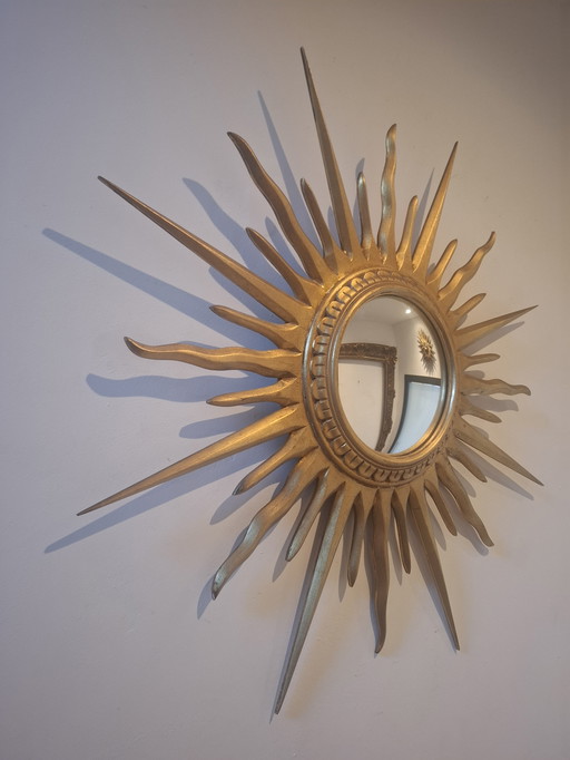 67cm wooden sun mirror. 17cm convex glass. C.D.V. stickers