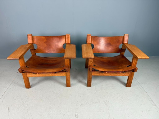 2x Børge Mogensen cognac-leer en eiken, Spaanse stoel voor Fredericia, 1960