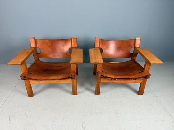 Image 1 of 2x Børge Mogensen Cognac-Leder und Eiche, spanischer Stuhl für Fredericia, 1960