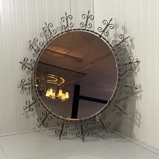 Image 1 of Very large round wrought iron wall mirror 1960's