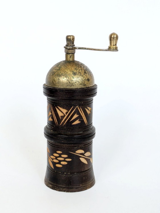 Image 1 of Vintage Folk Art Carved Wooden Pepper Mill Brass Hand Crank Mediterranean Rustic