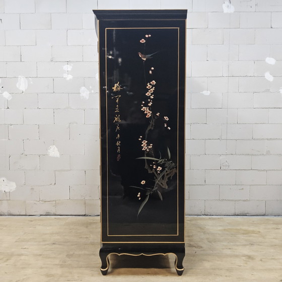 Vintage Chinese Lak Kast Zwart Bloemen En Vogels / Bohemian / Oosterse / Aziatische Bruidskast – Opbergkast (photo 5 of 15)