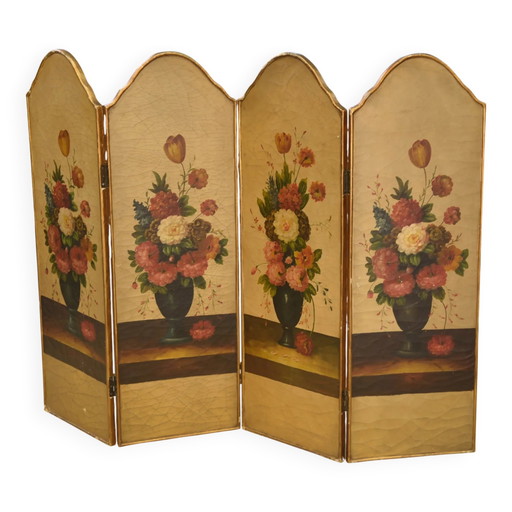 Golden folding screen with oil painting featuring floral decor and cracked patina, 19th century.