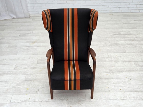 Image 1 of Anni '60, poltrona danese con schienale alto di Fritz Hansen, lana per mobili, legno di faggio.