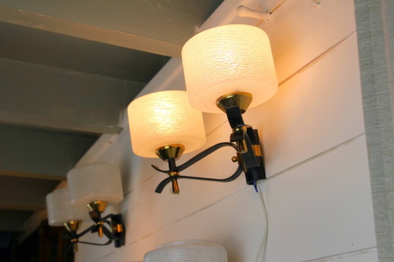 Image 1 of Pair of double wall sconces, Maison Arlus, Mid-Century, black brass opaline glass, France, 1950s