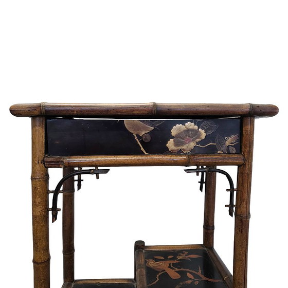Antique Victorian Side Table with Chinoiserie, c. 1890, Bamboo, Brown (photo 7 of 7)