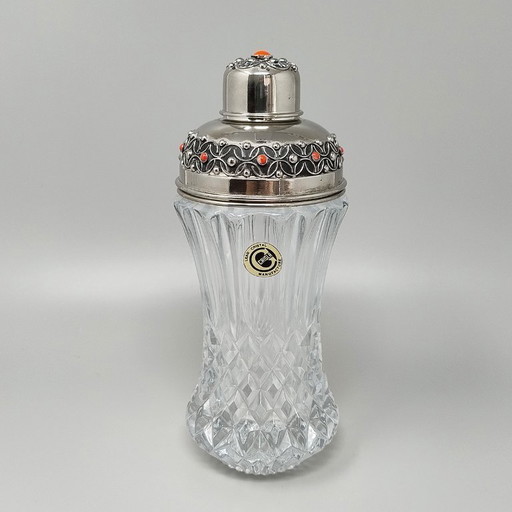1960s Gorgeous Cut Crystal Cocktail Shaker Decorated With Red Corals. Made in Italy