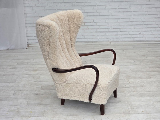 1960s, Danish high-back armchair, genuine sheepskin, reupholstered. – Wood (photo 22 of 22)