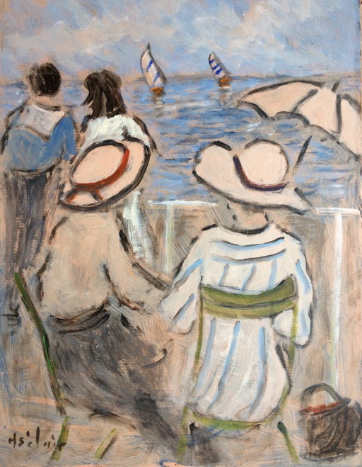 Painting by Henry Saint-Clair (1899-1990) "Elegant Women by the Sea"
