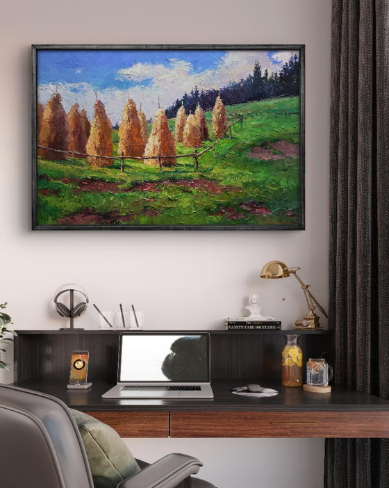 Original Oil Painting Summer Nature Landscape Haystacks in the Mountains – Paintings & Drawings, Canvas (photo 3 of 8)