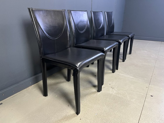 Image 1 of Black leather dining chairs by Arper italy, 1980s - set of 4