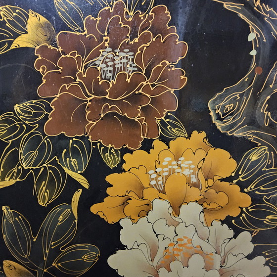 Image 1 of Vintage Chinese black lacquer cabinet birds and flowers bohemian / bohemian / oriental cabinet