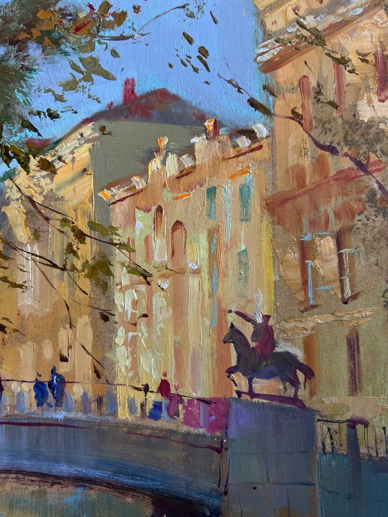 Image 1 of Original Oil Painting Autumn City Landscape The quiet whisper of a city park