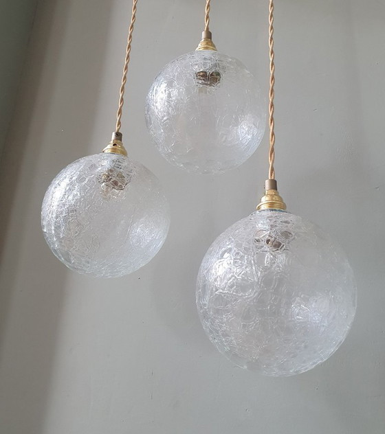 Set (3) Vintage Crackle Glass Sfera / Lampade a sospensione - Midcentury – Metal (photo 18 of 21)