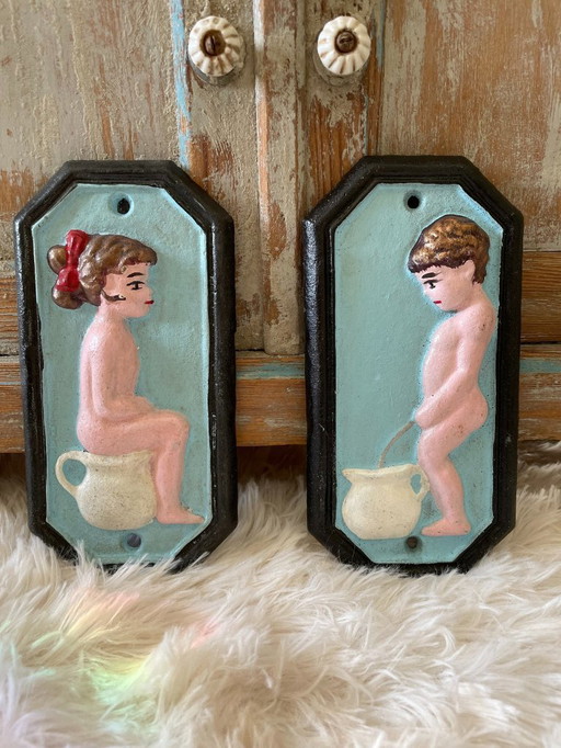 Cartelli per toilette in ghisa vintage per ragazzi e ragazze