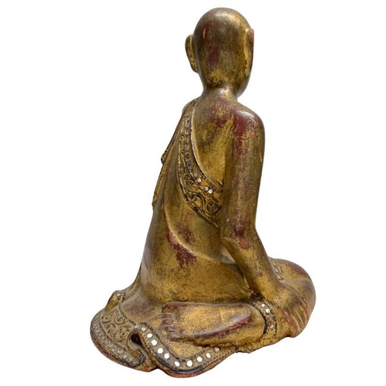 Antique Burmese Monk Statue – Hand-carved Teak Wood with Gold Leaf – 26 cm – Sculpture, Glass (photo 4 of 10)