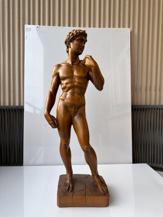 Michelangelo David Sculture in Legno Intagliate a Mano 65 cm Statua Vintage Foglia di Fico (photo 4 of 23)